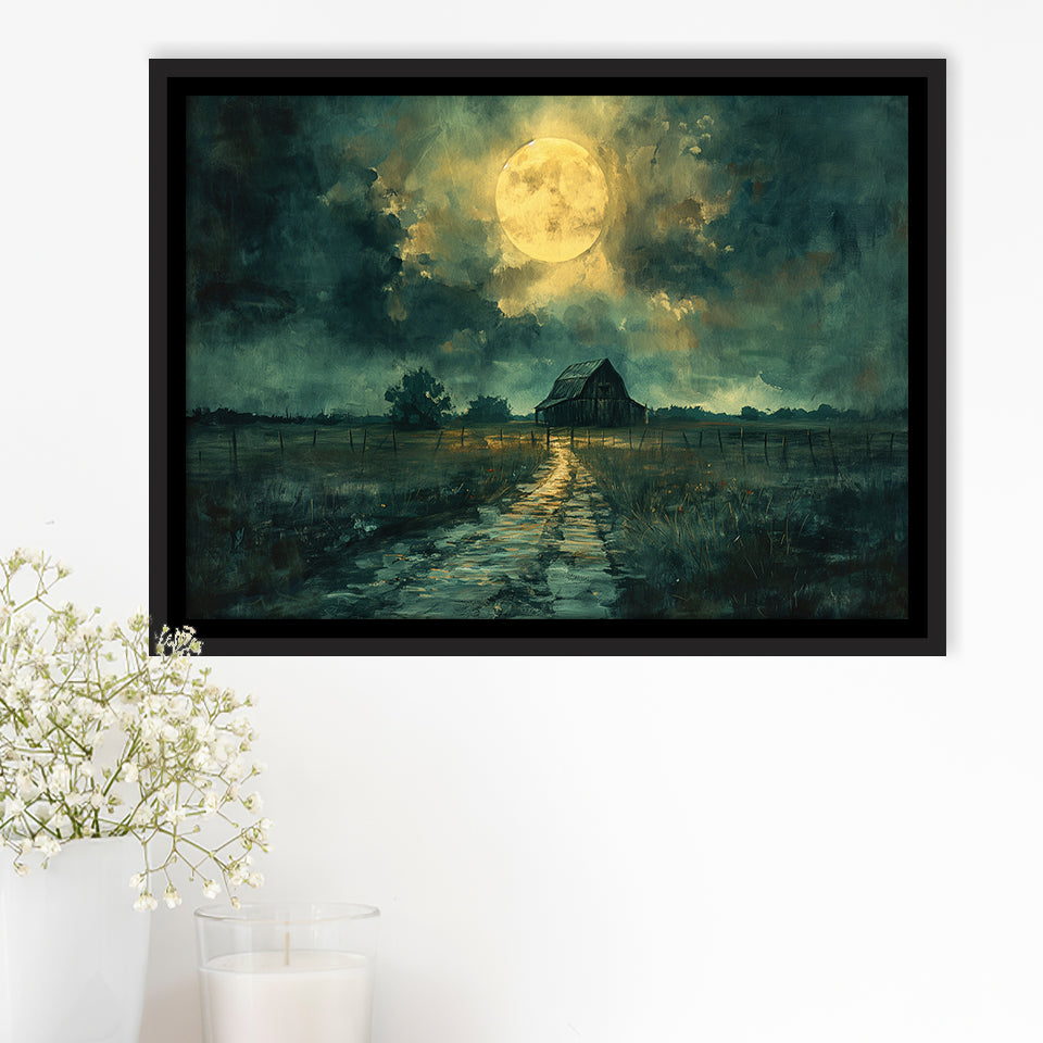 Dark Clouds Over The Backyard Garden Moonlight, Floating Frame, Framed Canvas Print Wall Art Home Decor