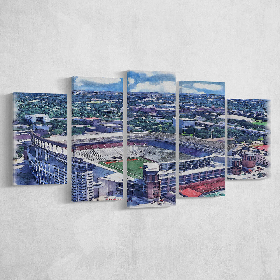 Darrell K Royal–Texas Memorial Stadium WaterColor 5 Panels Mix Canvas Prints, Austin Texas Watercolor