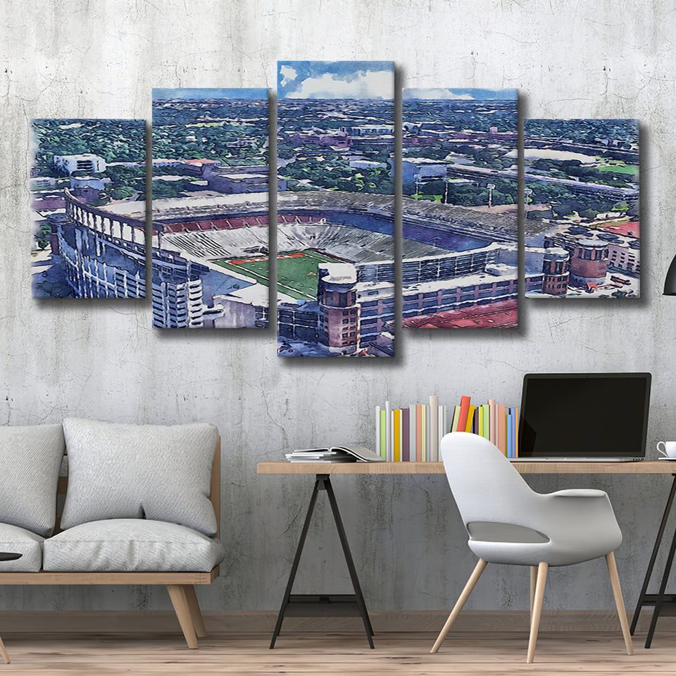 Darrell K Royal–Texas Memorial Stadium WaterColor 5 Panels Mix Canvas Prints, Austin Texas Watercolor