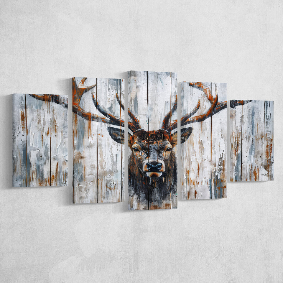 Dear Stag Head Portrait Painted On Wood, Multi Panel Canvas Print Wall Art Decor, 5 Mixed Panel