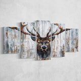 Dear Stag Head Portrait Painted On Wood, Multi Panel Canvas Print Wall Art Decor, 5 Mixed Panel