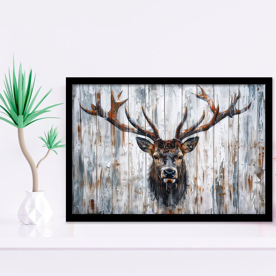 Dear Stag Head Portrait Painted On Wood, Framed Art Print Wall Decor, Framed Picture