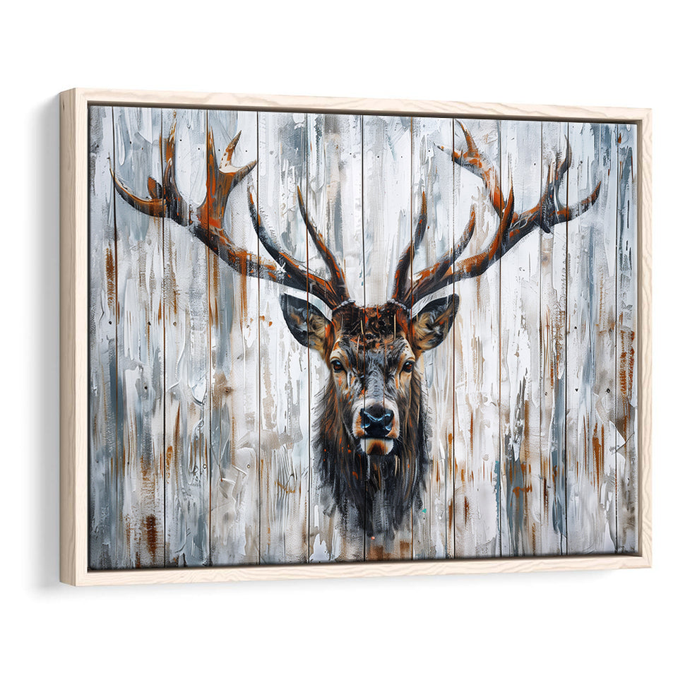 Dear Stag Head Portrait Painted On Wood, Framed Canvas Print Wall Art Decor,Floating Frame