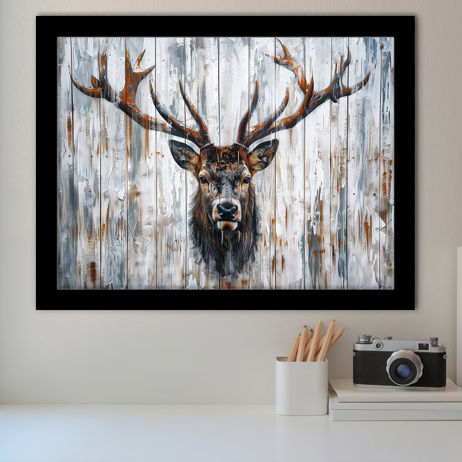 Dear Stag Head Portrait Painted On Wood, Framed Art Print Wall Decor, Framed Picture