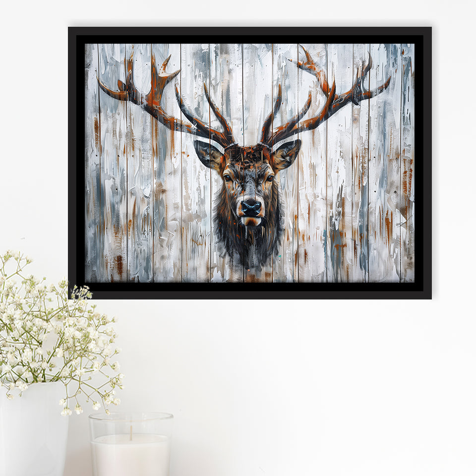 Dear Stag Head Portrait Painted On Wood, Framed Canvas Print Wall Art Decor,Floating Frame