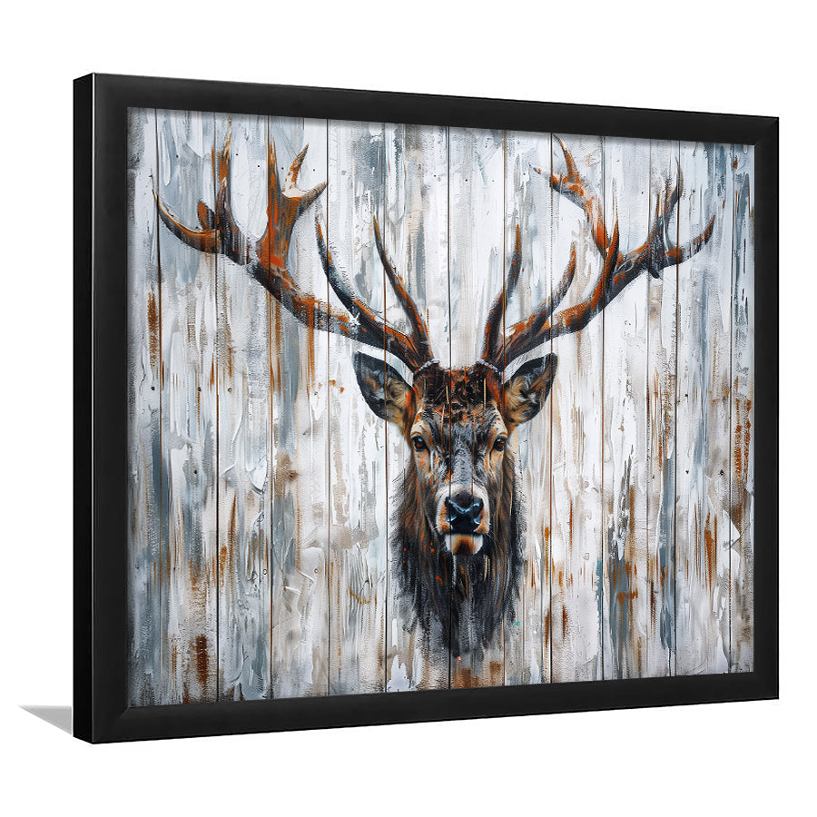 Dear Stag Head Portrait Painted On Wood, Framed Art Print Wall Decor, Framed Picture