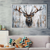 Dear Stag Head Portrait Painted On Wood, Framed Canvas Print Wall Art Decor,Floating Frame
