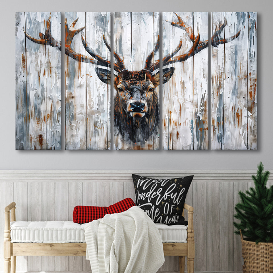Dear Stag Head Portrait Painted On Wood, Extra Large Multi 5 Panel Canvas Print Wall Art Decor