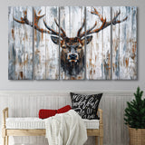 Dear Stag Head Portrait Painted On Wood, Extra Large Multi 5 Panel Canvas Print Wall Art Decor