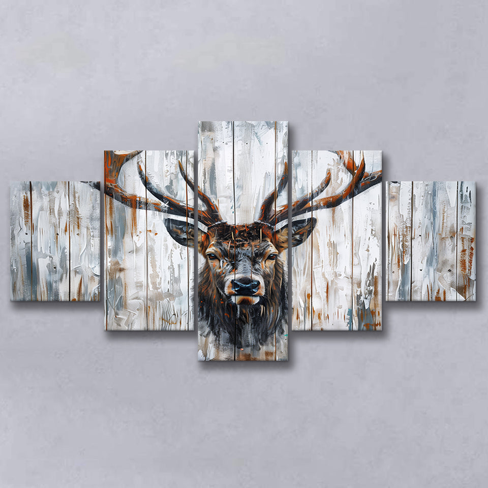 Dear Stag Head Portrait Painted On Wood, Multi Panel Canvas Print Wall Art Decor, 5 Mixed Panel