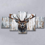 Dear Stag Head Portrait Painted On Wood, Multi Panel Canvas Print Wall Art Decor, 5 Mixed Panel