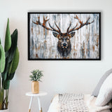 Dear Stag Head Portrait Painted On Wood, Framed Canvas Print Wall Art Decor,Floating Frame