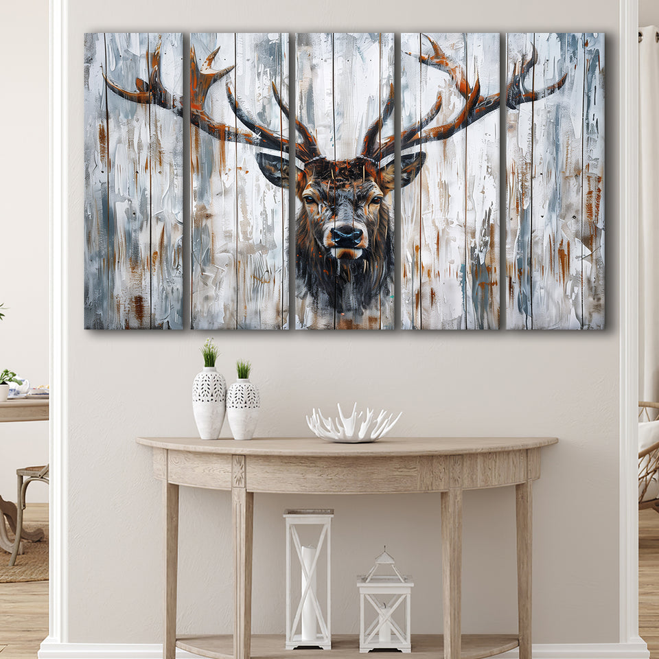 Dear Stag Head Portrait Painted On Wood, Extra Large Multi 5 Panel Canvas Print Wall Art Decor