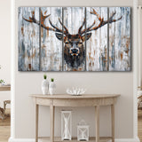Dear Stag Head Portrait Painted On Wood, Extra Large Multi 5 Panel Canvas Print Wall Art Decor