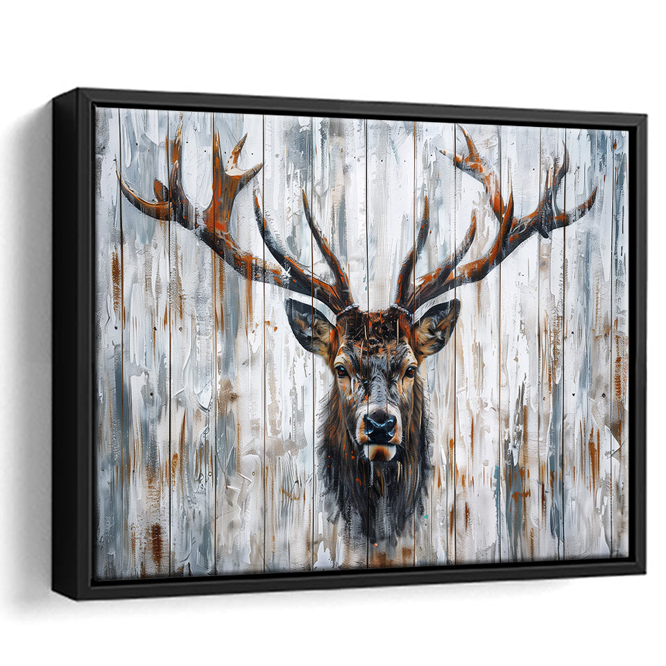 Dear Stag Head Portrait Painted On Wood, Framed Canvas Print Wall Art Decor,Floating Frame