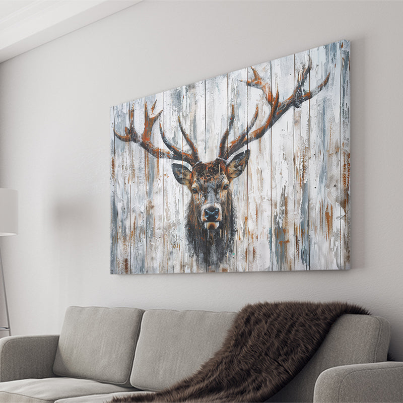 Dear Stag Head Portrait Painted On Wood, Canvas Print Wall Art Decor, Landscape Art Print
