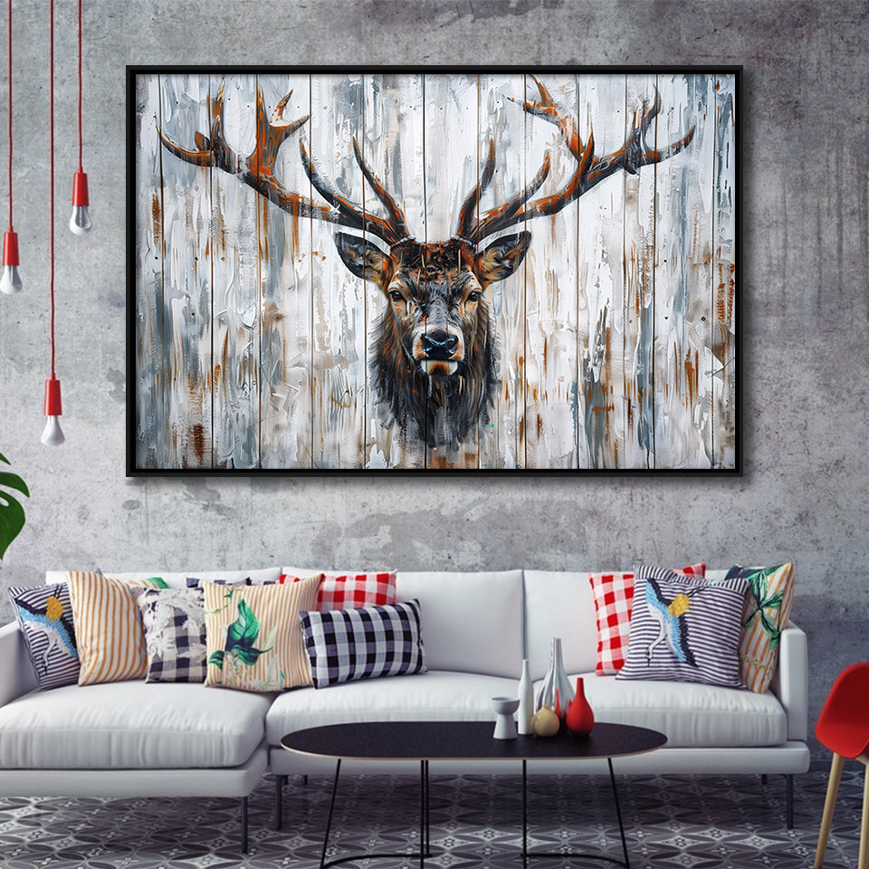 Dear Stag Head Portrait Painted On Wood, Framed Canvas Print Wall Art Decor,Floating Frame