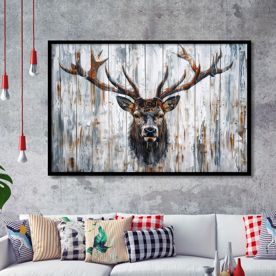 Dear Stag Head Portrait Painted On Wood, Framed Art Print Wall Decor, Framed Picture