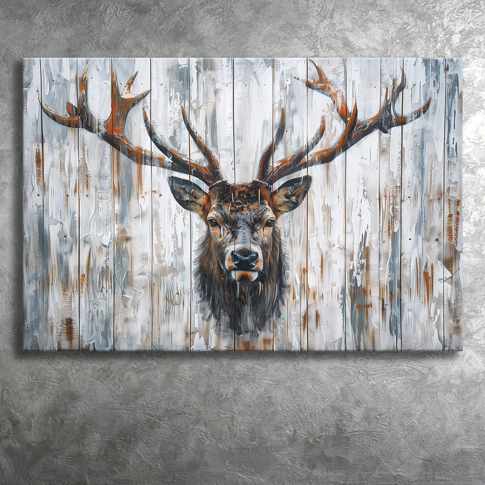 Dear Stag Head Portrait Painted On Wood, Canvas Print Wall Art Decor, Landscape Art Print