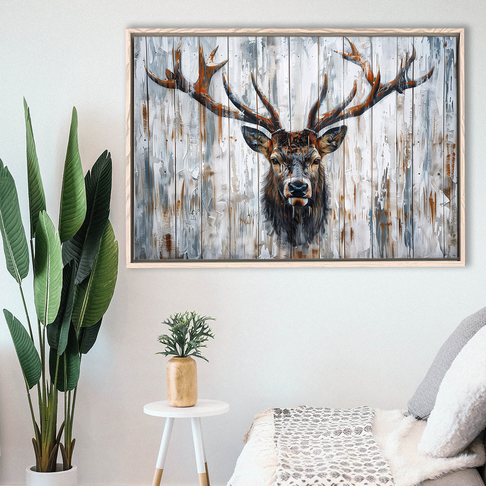 Dear Stag Head Portrait Painted On Wood, Framed Canvas Print Wall Art Decor,Floating Frame