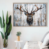 Dear Stag Head Portrait Painted On Wood, Framed Canvas Print Wall Art Decor,Floating Frame