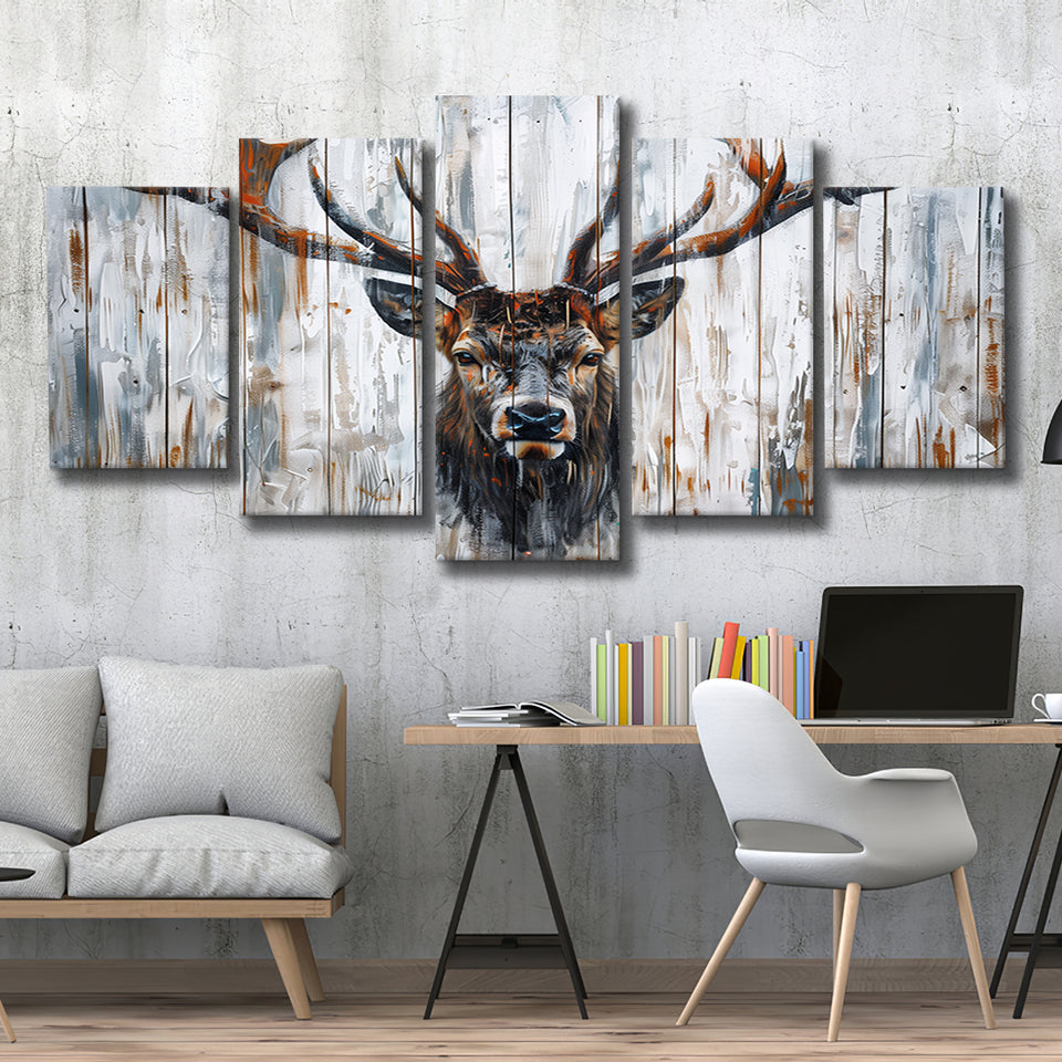 Dear Stag Head Portrait Painted On Wood, Multi Panel Canvas Print Wall Art Decor, 5 Mixed Panel