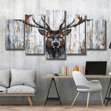 Dear Stag Head Portrait Painted On Wood, Multi Panel Canvas Print Wall Art Decor, 5 Mixed Panel