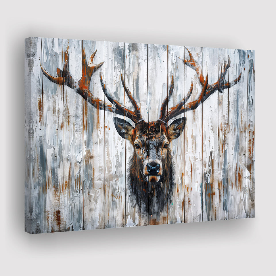 Dear Stag Head Portrait Painted On Wood, Canvas Print Wall Art Decor, Landscape Art Print