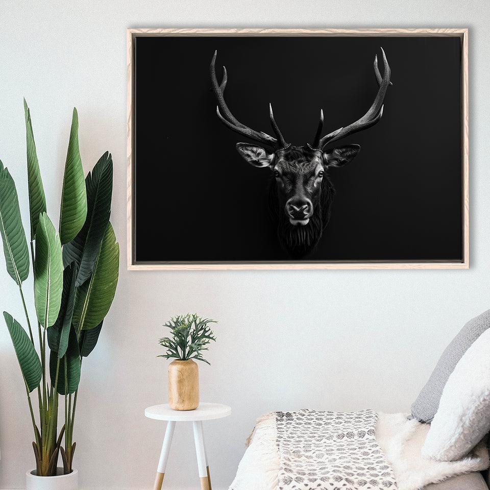 Deer Stag Head Art Black And White V1, Framed Canvas Painting, Framed Canvas Prints Wall Art Decor