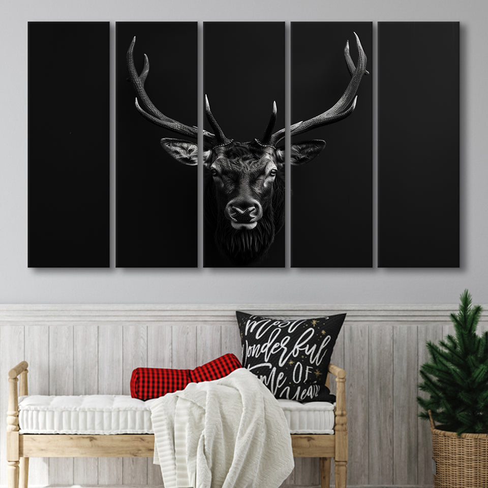 Deer Stag Head Art Black And White V1, 5 Panels Extra Large Canvas, Canvas Prints Wall Art Decor