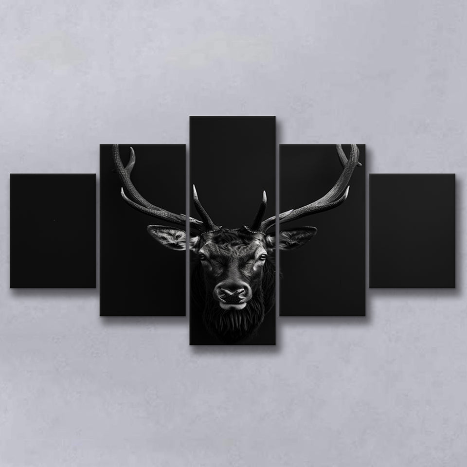 Deer Stag Head Art Black And White V1, 5 Panels Mixed Large Canvas, Canvas Prints Wall Art Decor