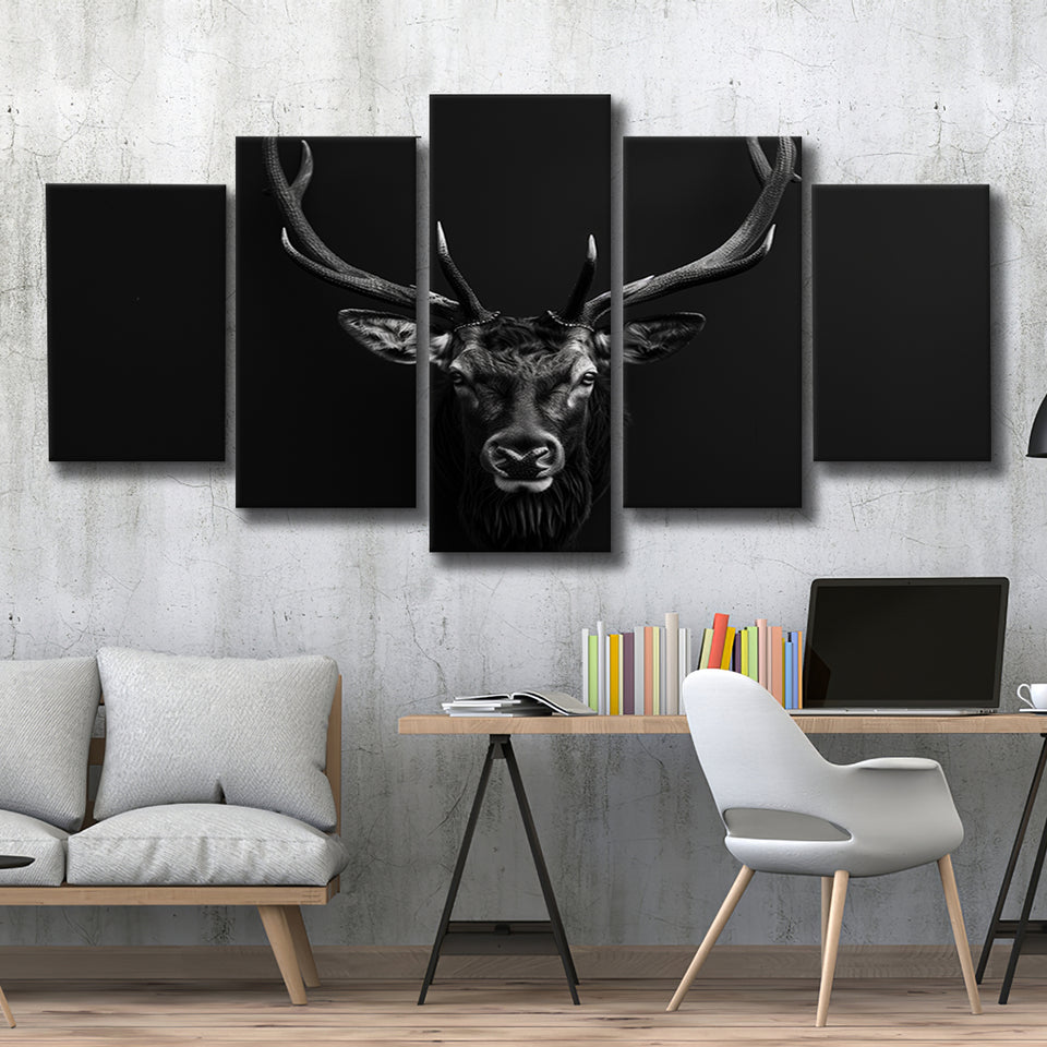 Deer Stag Head Art Black And White V1, 5 Panels Mixed Large Canvas, Canvas Prints Wall Art Decor