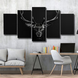 Deer Stag Head Art Black And White V1, 5 Panels Mixed Large Canvas, Canvas Prints Wall Art Decor