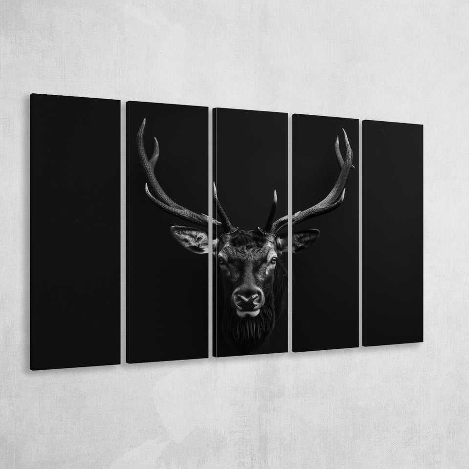 Deer Stag Head Art Black And White V1, 5 Panels Extra Large Canvas, Canvas Prints Wall Art Decor
