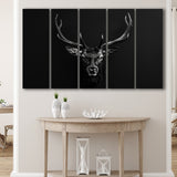 Deer Stag Head Art Black And White V1, 5 Panels Extra Large Canvas, Canvas Prints Wall Art Decor