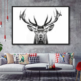 Deer Stag Head Black And White V2, Framed Canvas Painting, Framed Canvas Prints Wall Art Decor