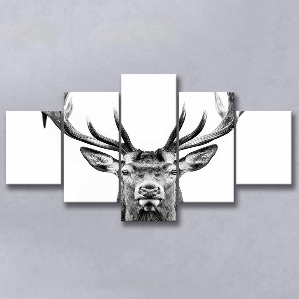 Deer Stag Head Black And White V2, 5 Panels Mixed Large Canvas, Canvas Prints Wall Art Decor