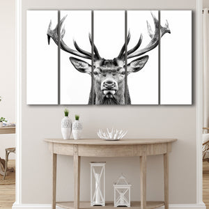 Deer Stag Head Black And White V2, 5 Panels Extra Large Canvas, Canvas Prints Wall Art Decor