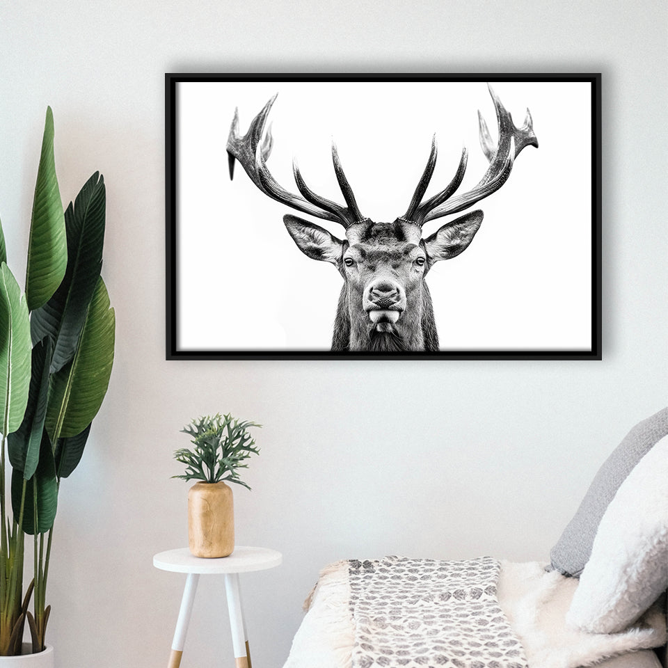 Deer Stag Head Black And White V2, Framed Canvas Painting, Framed Canvas Prints Wall Art Decor