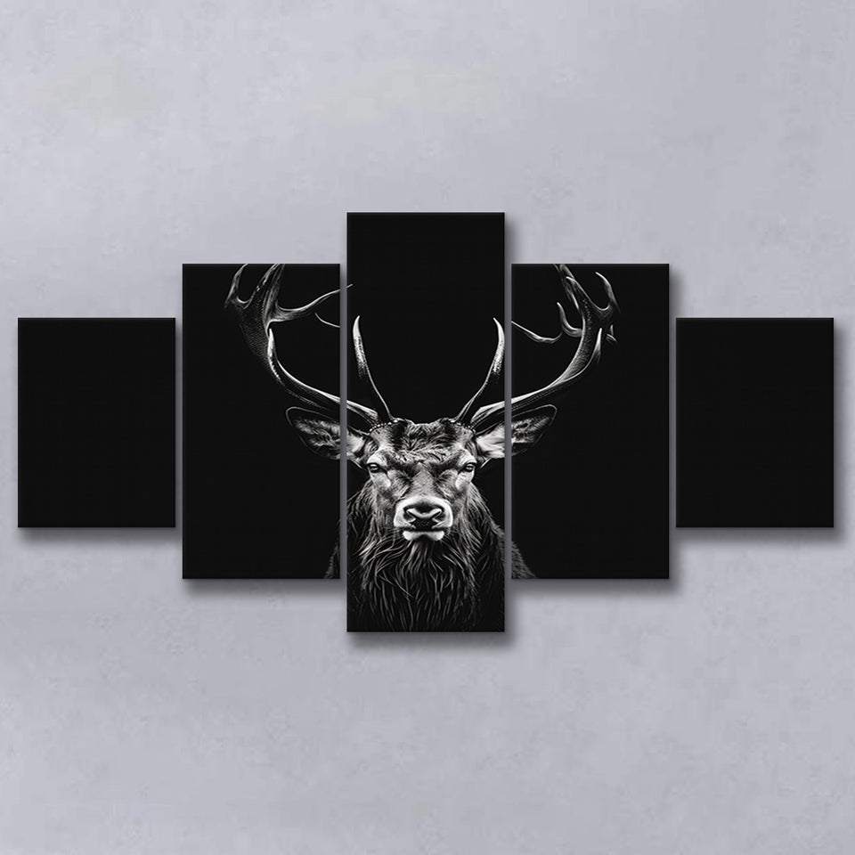 Deer Stag Head Luxury Art Black And White, 5 Panels Mixed Large Canvas, Canvas Prints Wall Art Decor