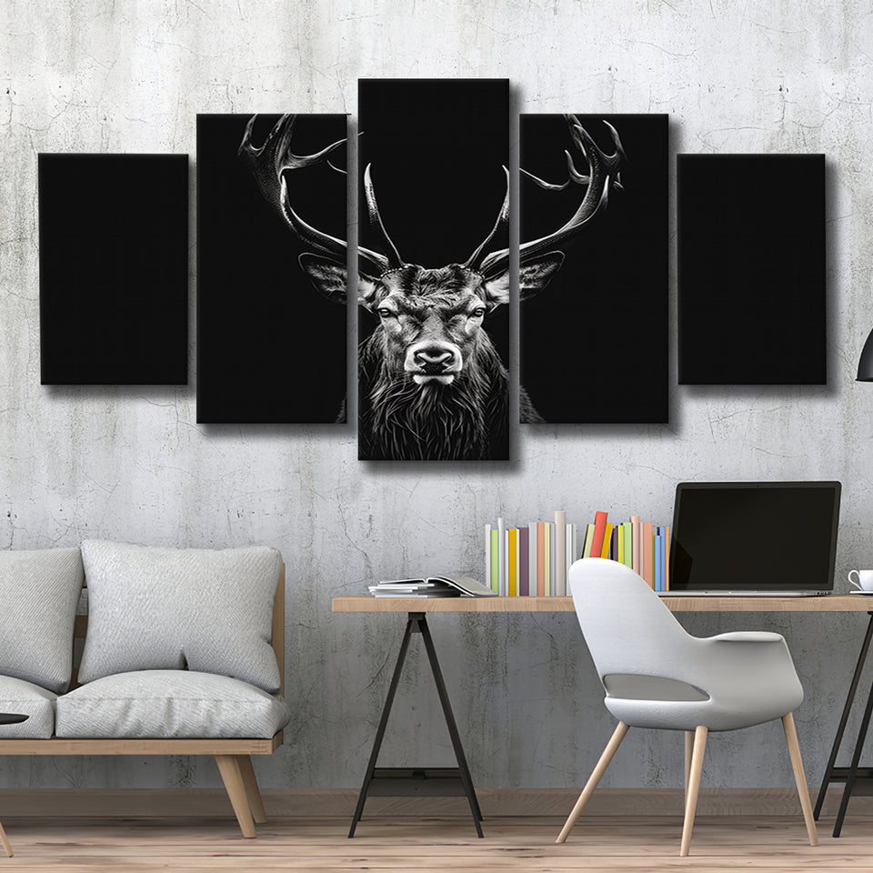 Deer Stag Head Luxury Art Black And White, 5 Panels Mixed Large Canvas, Canvas Prints Wall Art Decor