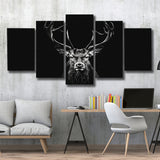 Deer Stag Head Luxury Art Black And White, 5 Panels Mixed Large Canvas, Canvas Prints Wall Art Decor