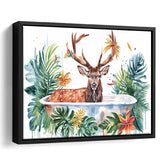 Deer Stag In Bathtub Bathroom Print Tropical Leave, Bathroom Art Decor Framed Canvas Prints Wall Art,Floating Frame