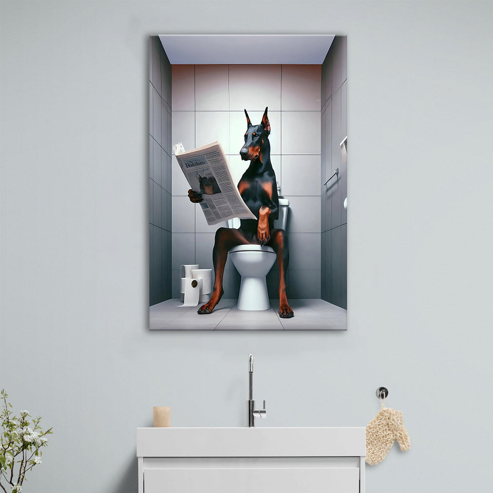 Doberman Canvas Prints Wall Art, Funny Bathroom Decor, Doberman in Toilet