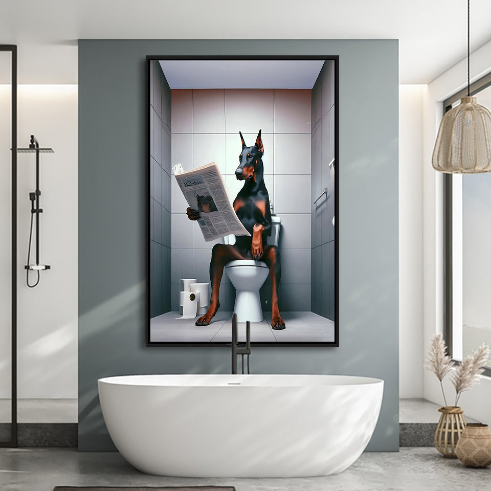 Doberman Framed Canvas Prints Wall Art, Funny Bathroom Decor, Doberman In Toilet