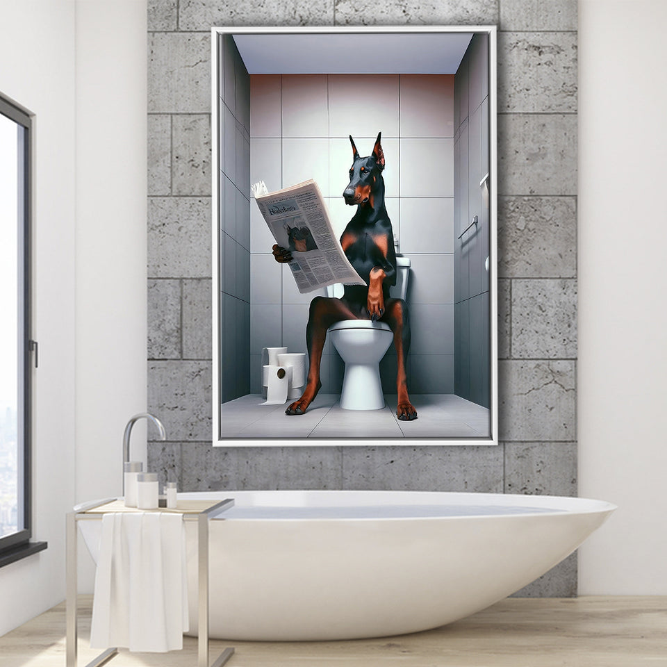 Doberman Framed Canvas Prints Wall Art, Funny Bathroom Decor, Doberman In Toilet