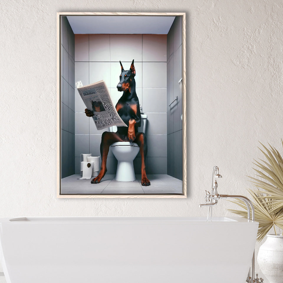 Doberman Framed Canvas Prints Wall Art, Funny Bathroom Decor, Doberman In Toilet