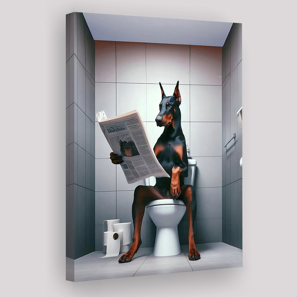 Doberman Canvas Prints Wall Art, Funny Bathroom Decor, Doberman in Toilet