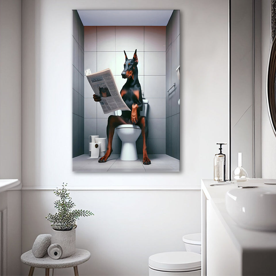 Doberman Canvas Prints Wall Art, Funny Bathroom Decor, Doberman in Toilet