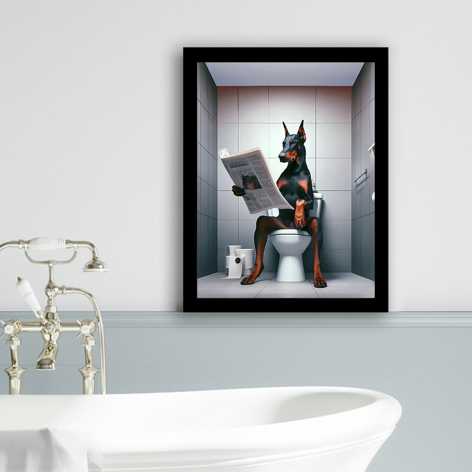 Doberman Framed Art Print Wall Decor, Funny Bathroom Decor, Doberman In Toilet
